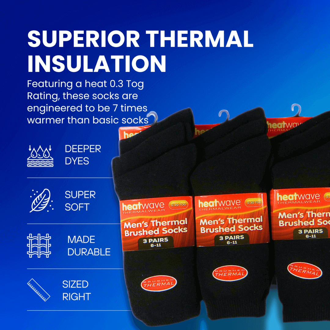 Heatwave Thermalwear Mens Black Thermal Socks 24 Pairs Double Brushed Knit Insulated For Cold Weather Work Boots Extra Warmth