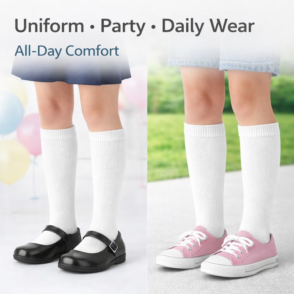 MAYAR STYLES® 6 Pairs Girls Kids Knee High School Socks Cotton Rich | Back to School Plain Long Socks | Uniform, Party & Daily Wear