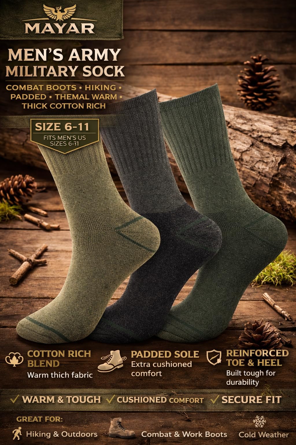 MAYAR STYLES® Men’s Military Boot Socks 6 Pairs | Army Combat Hiking Thermal Socks | Thick Cotton Rich Padded Warm Socks for Work & Outdoor | Size UK 6–11