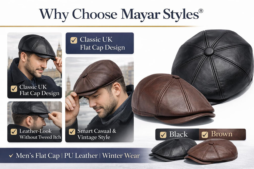 MAYAR STYLES® Men’s PU Leather Flat Cap 8 Panel Newsboy Baker Boy Hat | Classic Gatsby Peaked Cap | Winter Flatcap for Men Youth Boys | Black & Brown | Small–2XL