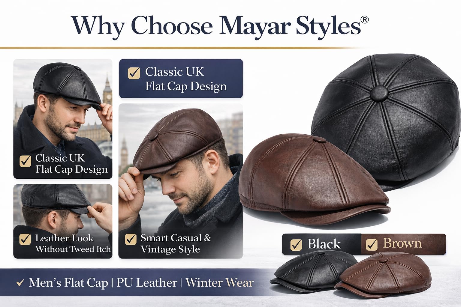 MAYAR STYLES® Men’s PU Leather Flat Cap 8 Panel Newsboy Baker Boy Hat | Classic Gatsby Peaked Cap | Winter Flatcap for Men Youth Boys | Black & Brown | Small–2XL