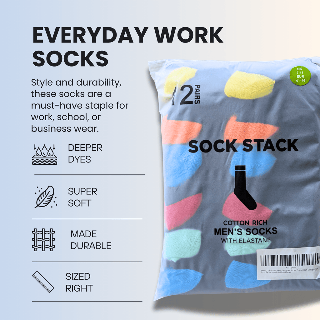 24 Pairs Men's Soft Cotton Colourful Heel Toe Black Argyle Diamond Easycare Comfortable Shoe Socks Flat Toe Seam Durable Work School Business Wear UK 6-11 by Sock Stack