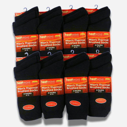 Heatwave Thermalwear Mens Black Thermal Socks 24 Pairs Double Brushed Knit Insulated For Cold Weather Work Boots Extra Warmth