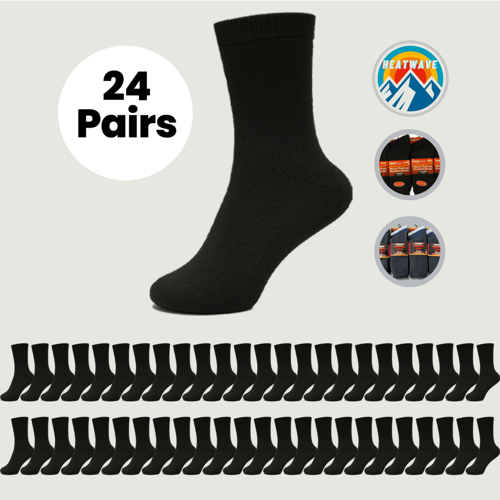 Heatwave Thermalwear Mens Black Thermal Socks 24 Pairs Double Brushed Knit Insulated For Cold Weather Work Boots Extra Warmth