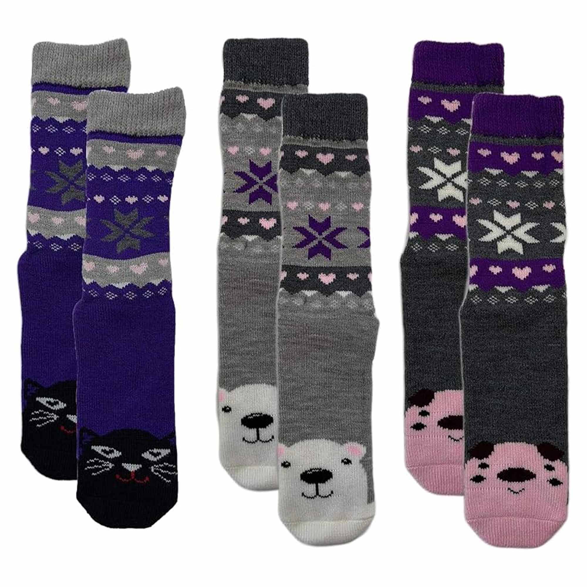 Sock Stack Women's Thermal Slipper Socks 3 Pairs Animal Designs Polar Bears And Kittens UK 4 To 7 EU 37 To 40 Warm Cozy Winter Wear For Home Use Soft Plush Lined