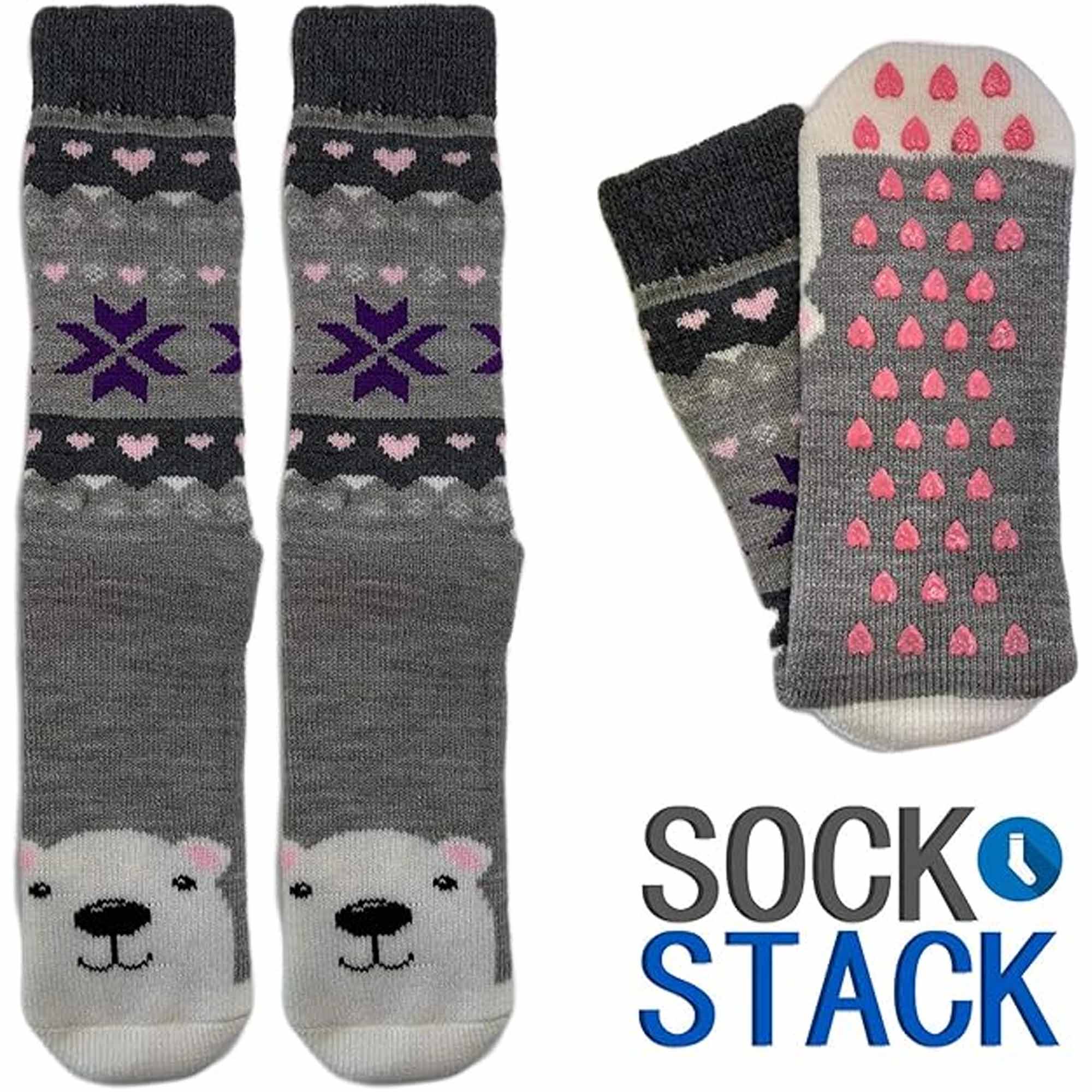 Sock Stack Women's Thermal Slipper Socks 3 Pairs Animal Designs Polar Bears And Kittens UK 4 To 7 EU 37 To 40 Warm Cozy Winter Wear For Home Use Soft Plush Lined