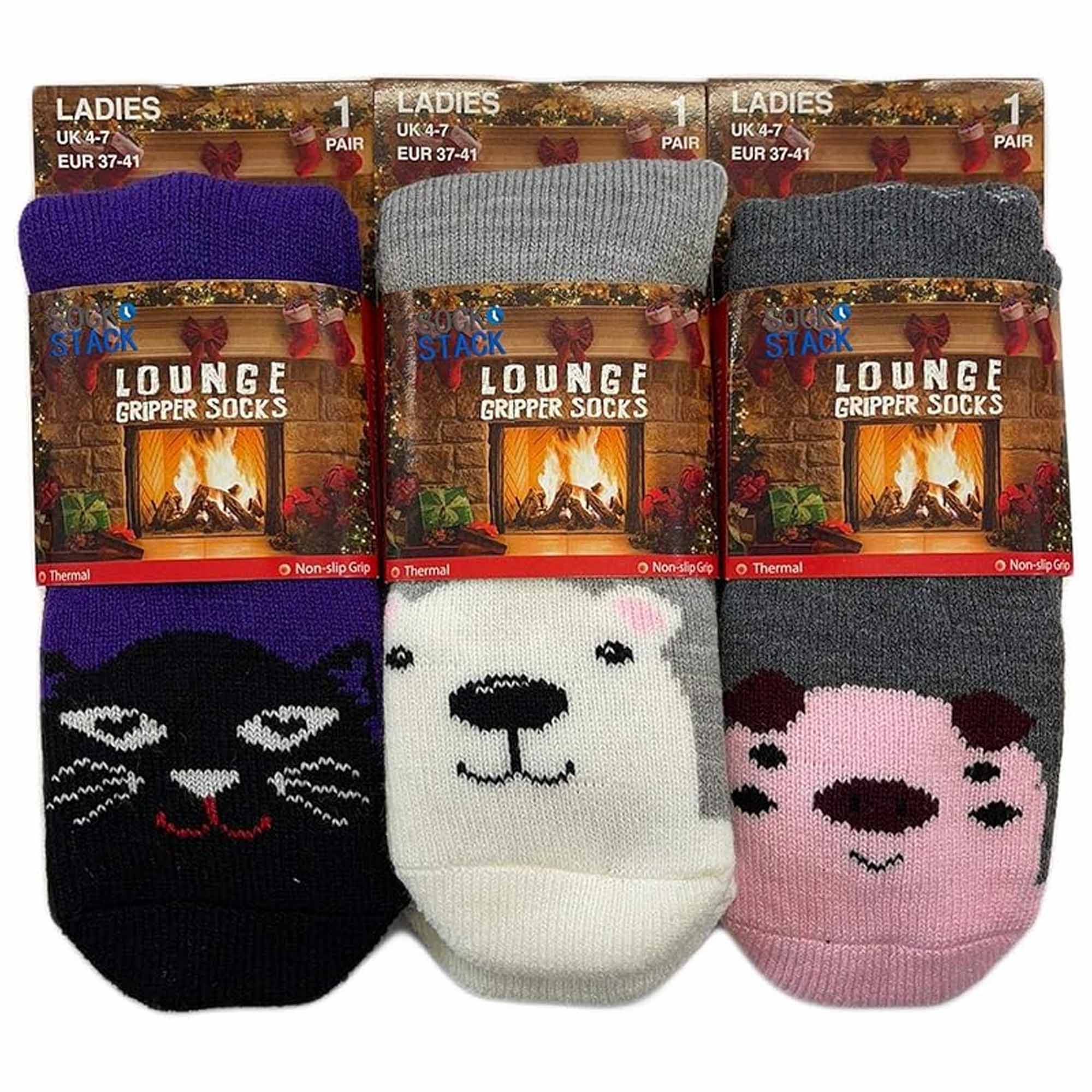 Sock Stack Women's Thermal Slipper Socks 3 Pairs Animal Designs Polar Bears And Kittens UK 4 To 7 EU 37 To 40 Warm Cozy Winter Wear For Home Use Soft Plush Lined