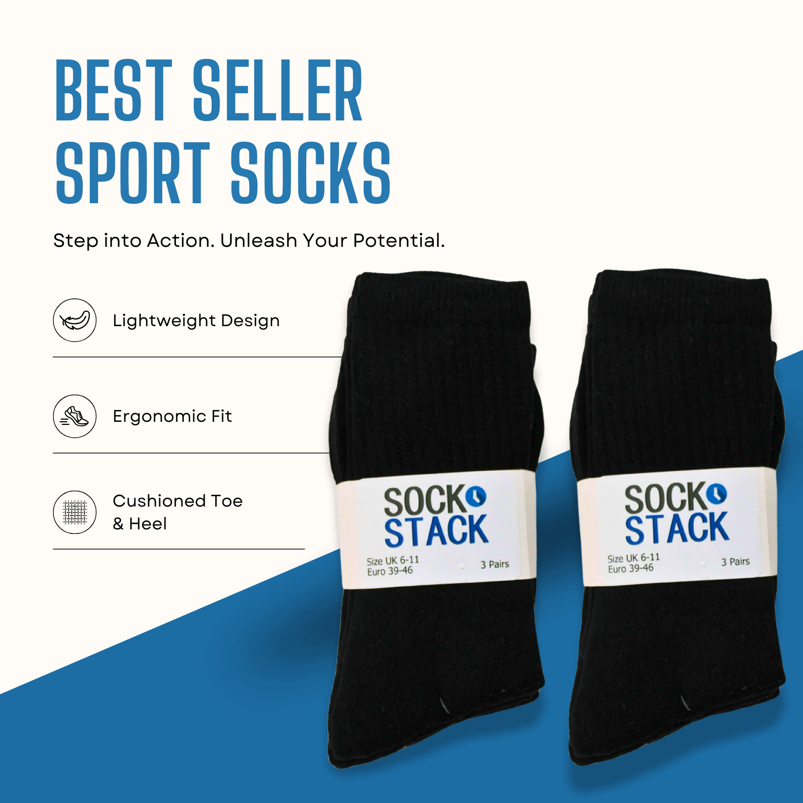 Sock Stack 30 Pairs Mens Cotton Rich Performance Sport Socks UK 6-11 Black Grey White Cushioned Anti-Blister Moisture-Wicking Breathable