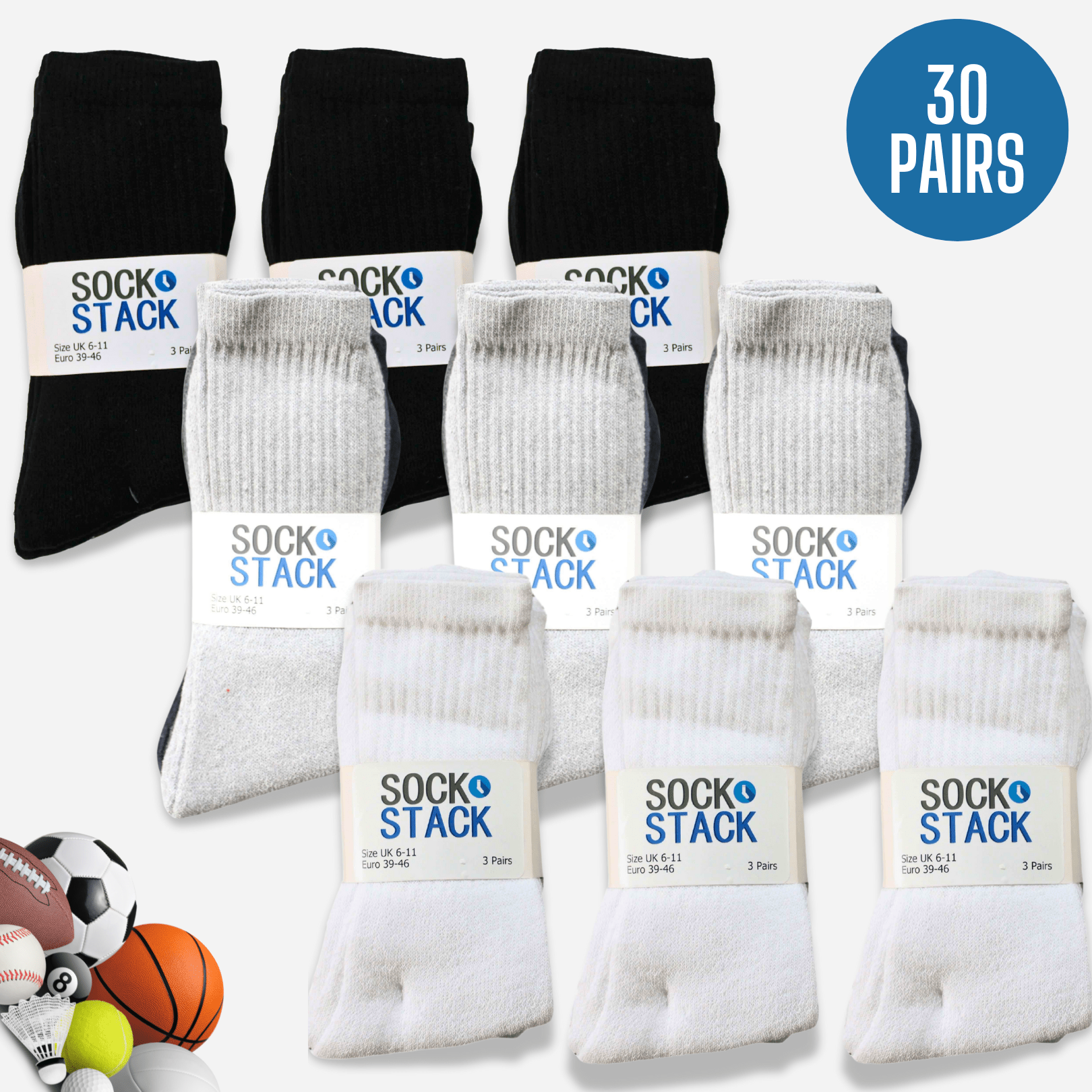 Sock Stack 30 Pairs Mens Cotton Rich Performance Sport Socks UK 6-11 Black Grey White Cushioned Anti-Blister Moisture-Wicking Breathable