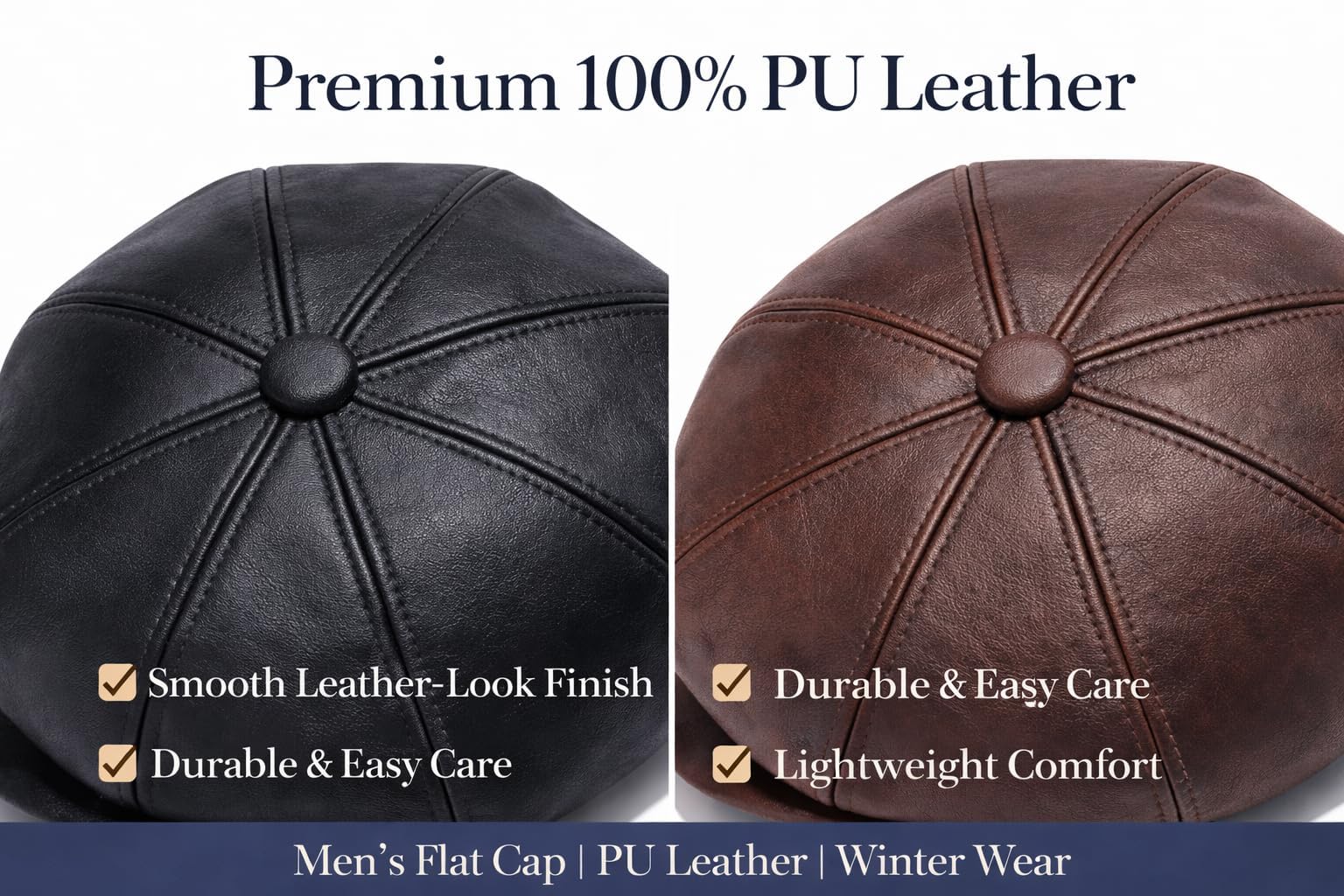MAYAR STYLES® Men’s PU Leather Flat Cap 8 Panel Newsboy Baker Boy Hat | Classic Gatsby Peaked Cap | Winter Flatcap for Men Youth Boys | Black & Brown | Small–2XL