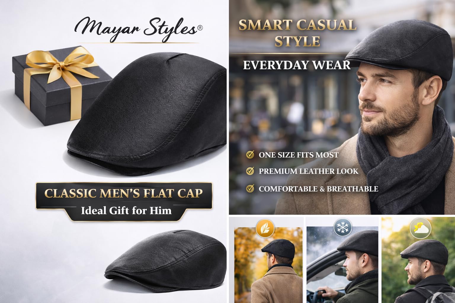 MAYAR STYLES® Men’s Black Leather Look Flat Cap – Classic Ivy Cap, One Size Fits All (57–61cm), Lightweight & Comfortable, Smart Casual Everyday Wear