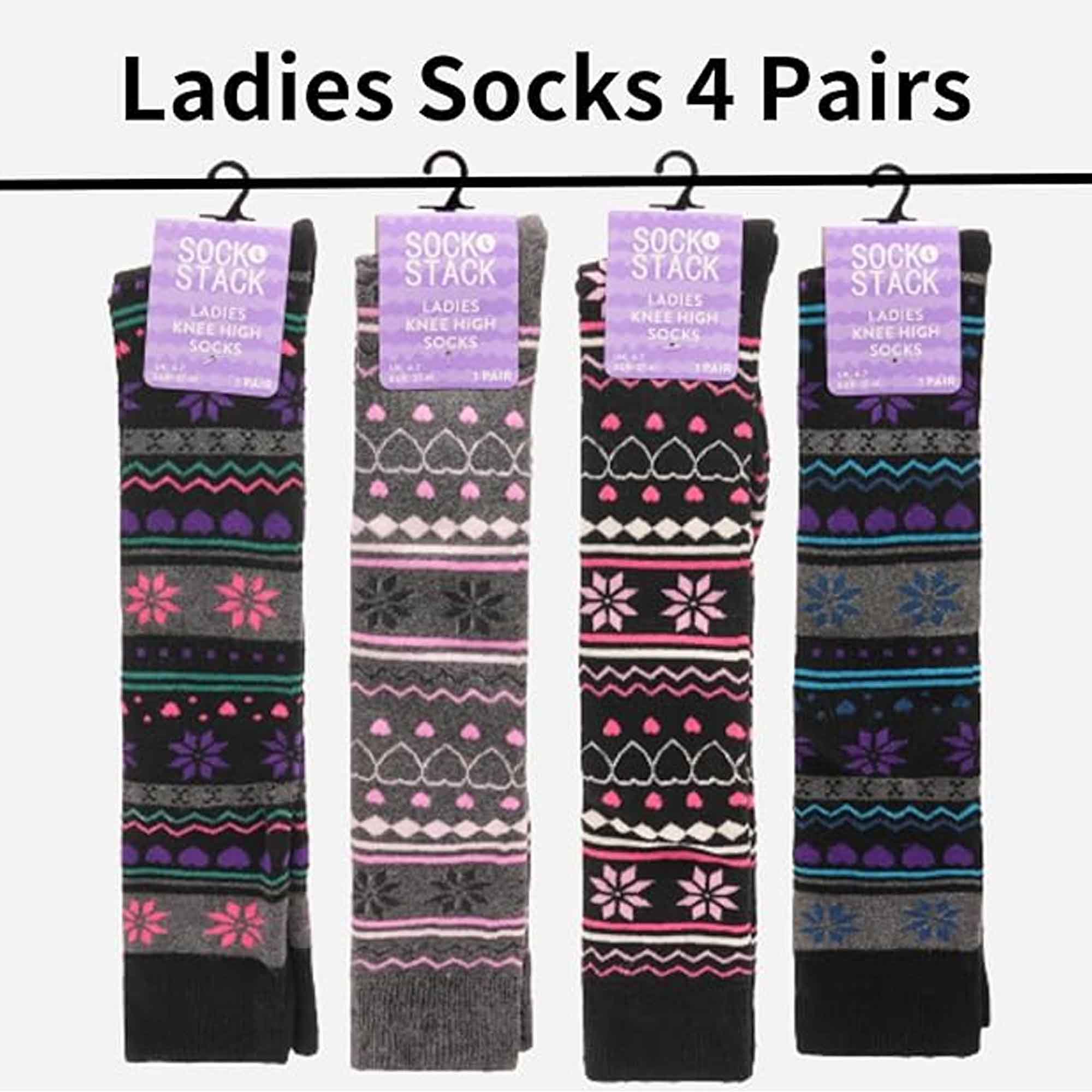 Sock Stack Ladies Ski Boot Socks Knee Length 4 Pairs Cotton Rich Full Cushioning Thermal Insulation Fair Isle Pattern Fits Sizes 4 To 7