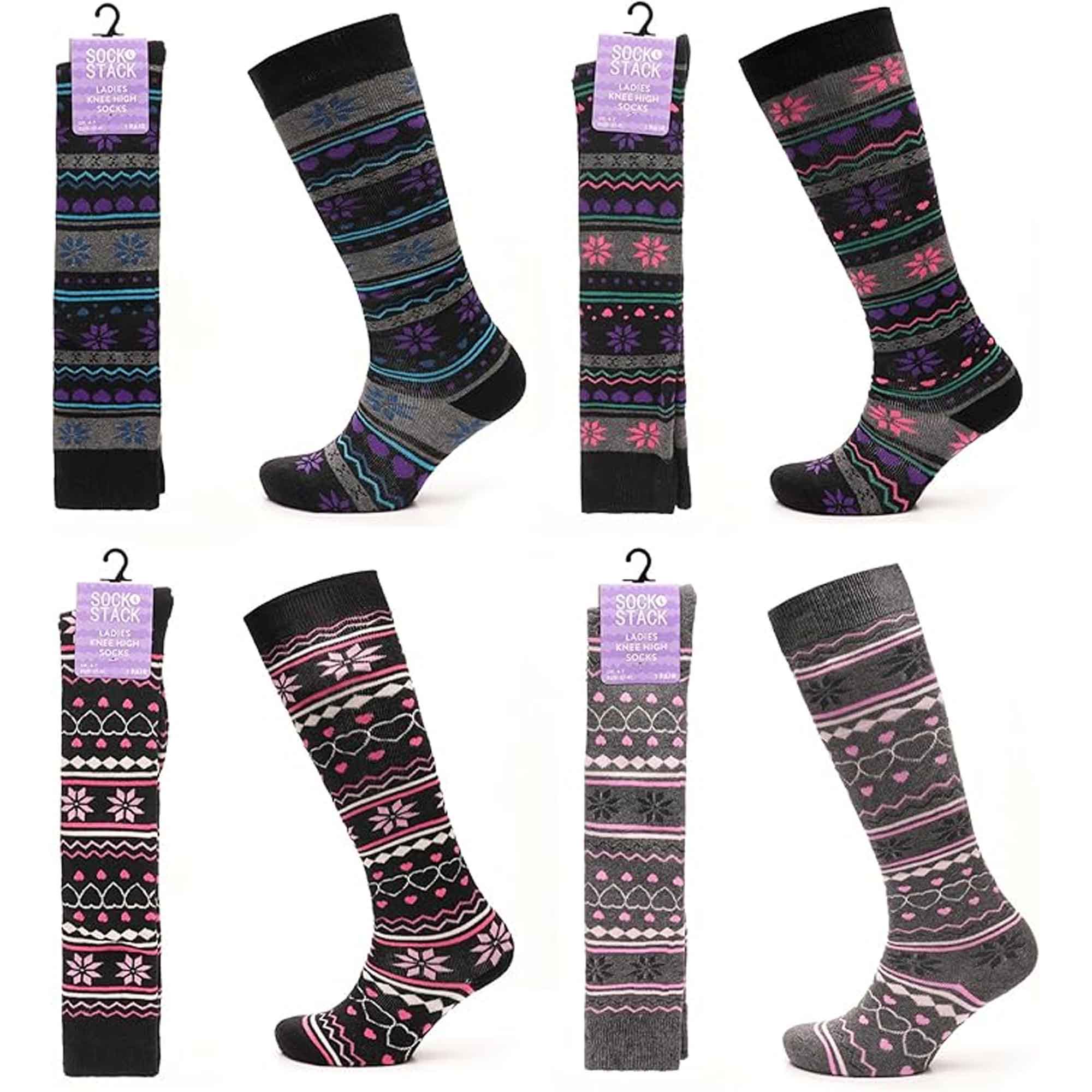 Sock Stack Ladies Ski Boot Socks Knee Length 4 Pairs Cotton Rich Full Cushioning Thermal Insulation Fair Isle Pattern Fits Sizes 4 To 7