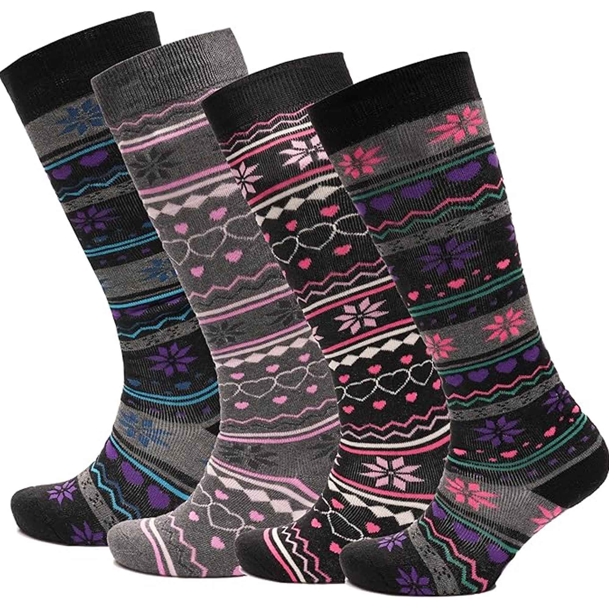Sock Stack Ladies Ski Boot Socks Knee Length 4 Pairs Cotton Rich Full Cushioning Thermal Insulation Fair Isle Pattern Fits Sizes 4 To 7