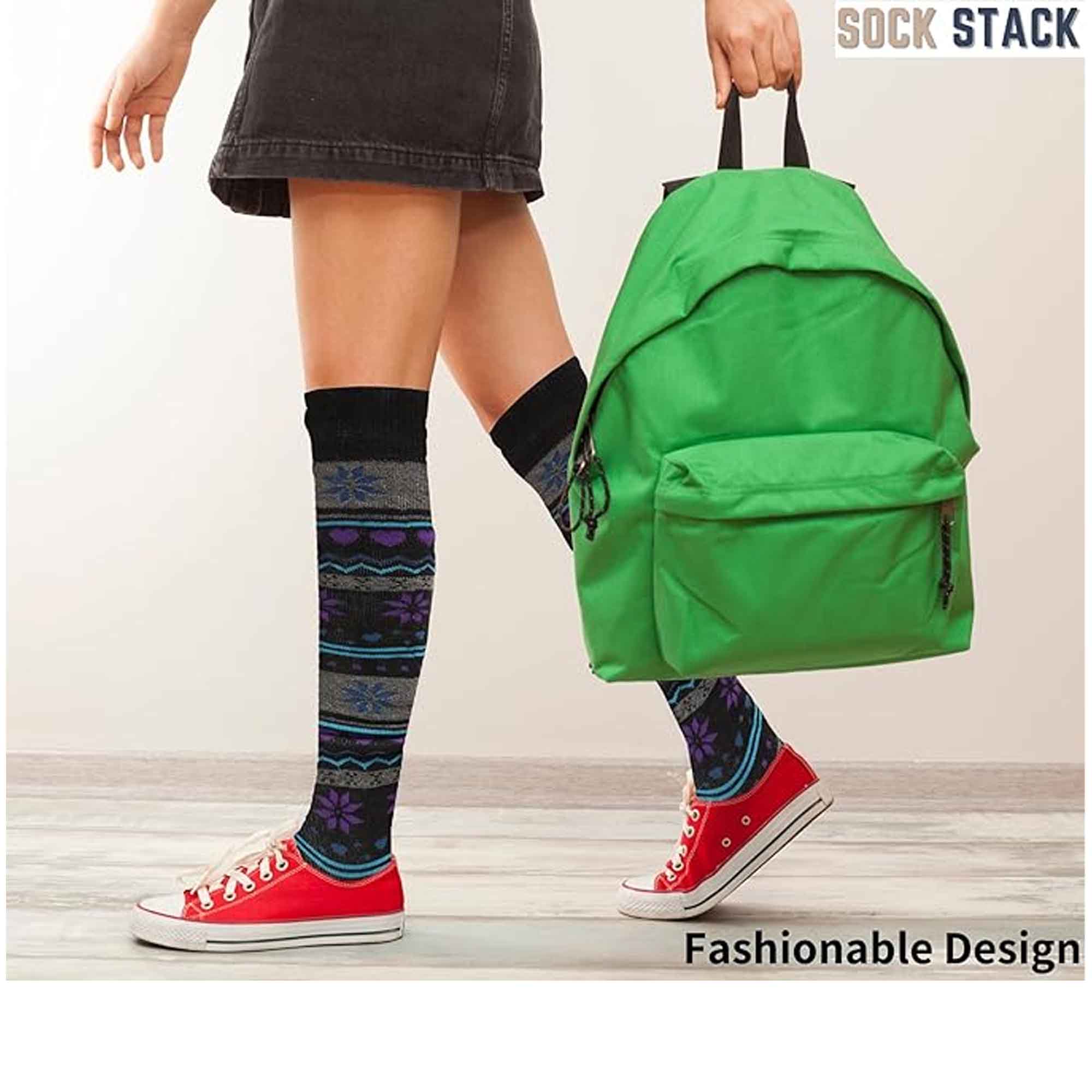 Sock Stack Ladies Ski Boot Socks Knee Length 4 Pairs Cotton Rich Full Cushioning Thermal Insulation Fair Isle Pattern Fits Sizes 4 To 7