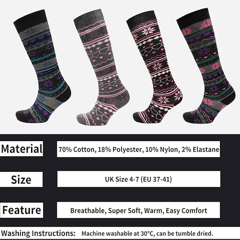 Sock Stack Ladies Ski Boot Socks Knee Length 4 Pairs Cotton Rich Full Cushioning Thermal Insulation Fair Isle Pattern Fits Sizes 4 To 7