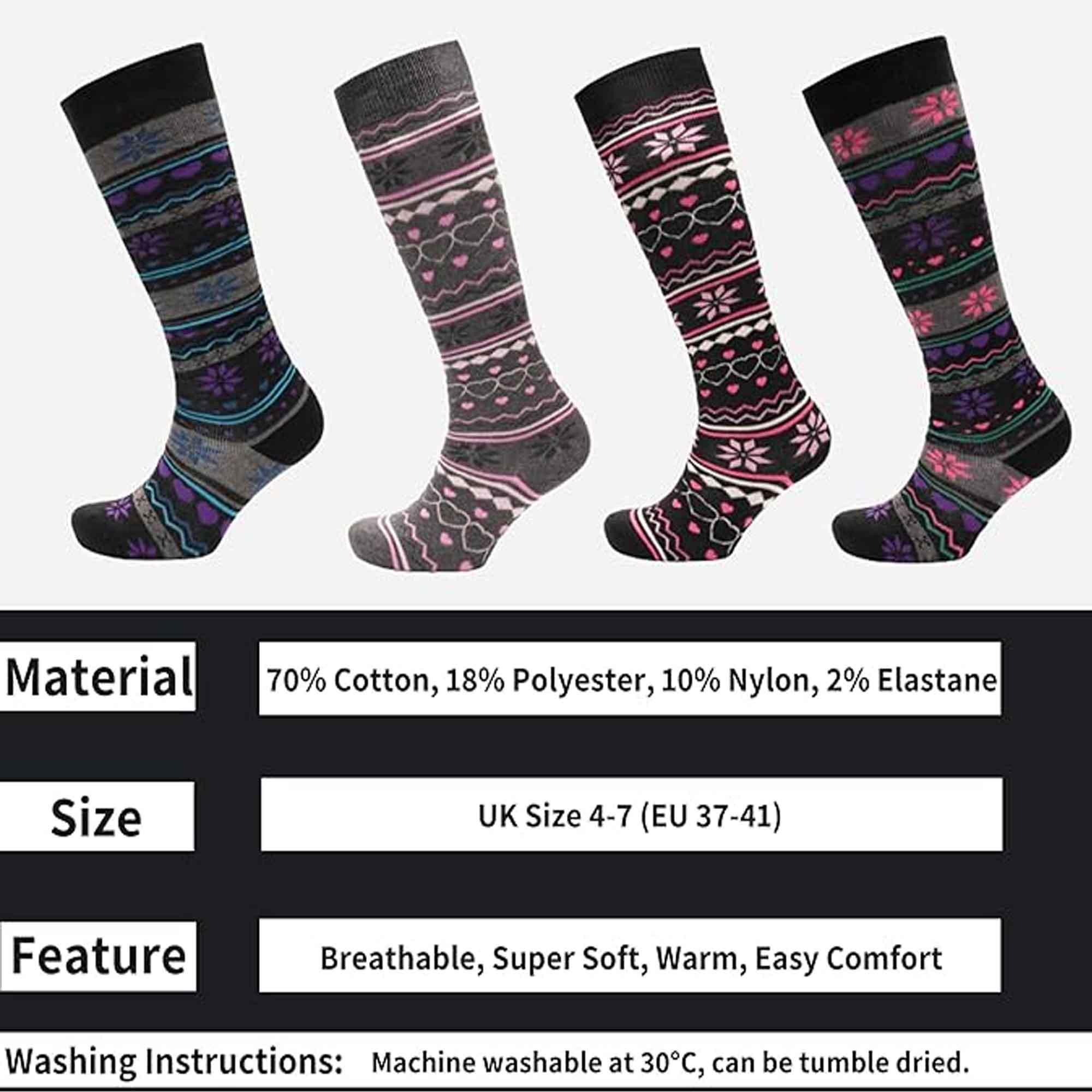 Sock Stack Ladies Ski Boot Socks Knee Length 4 Pairs Cotton Rich Full Cushioning Thermal Insulation Fair Isle Pattern Fits Sizes 4 To 7