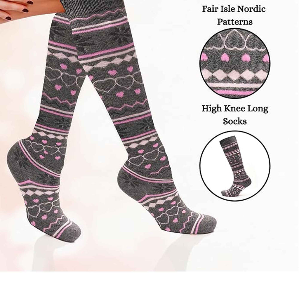 Sock Stack Ladies Ski Boot Socks Knee Length 4 Pairs Cotton Rich Full Cushioning Thermal Insulation Fair Isle Pattern Fits Sizes 4 To 7