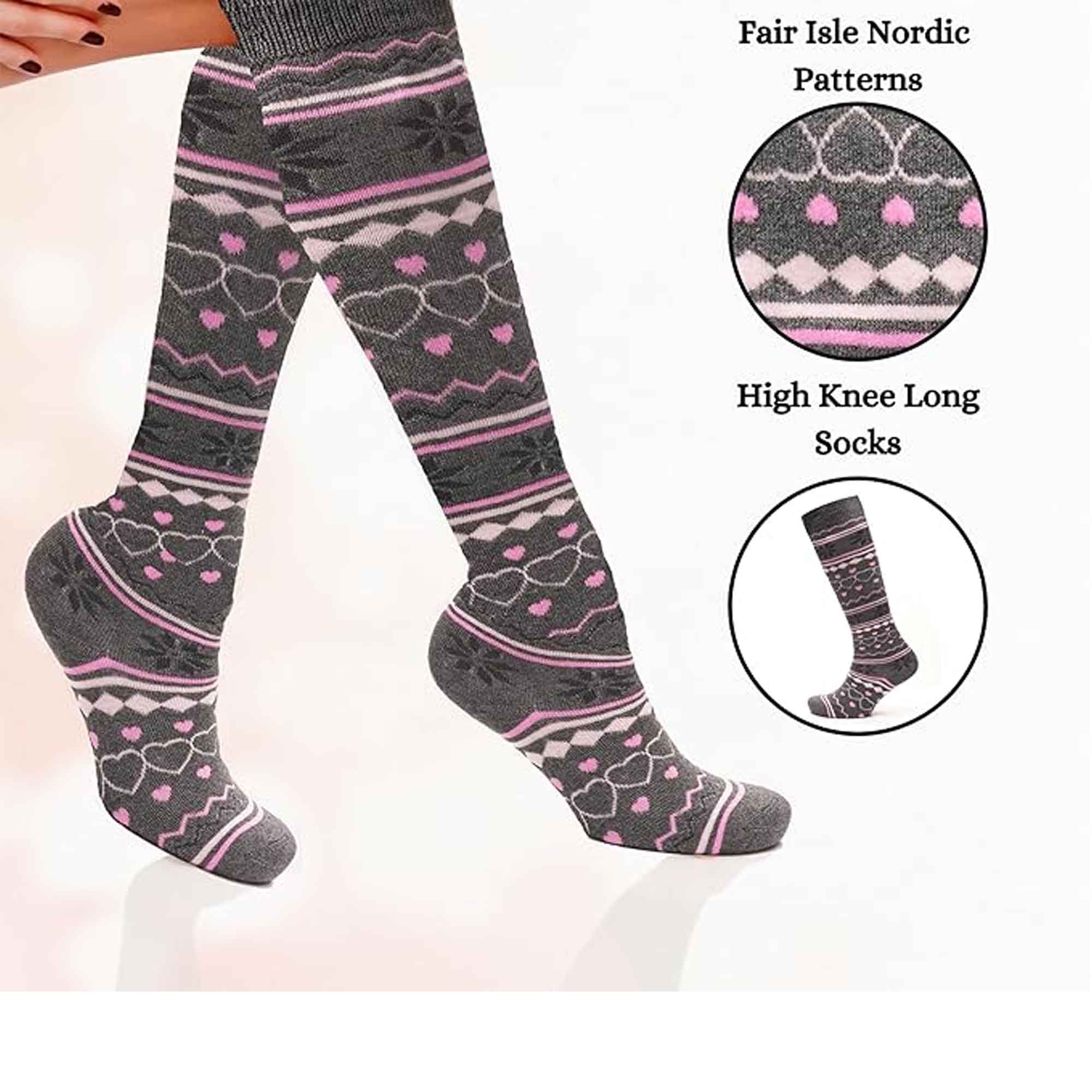 Sock Stack Ladies Ski Boot Socks Knee Length 4 Pairs Cotton Rich Full Cushioning Thermal Insulation Fair Isle Pattern Fits Sizes 4 To 7