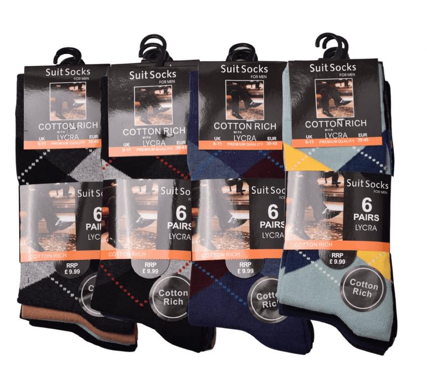 MAYAR STYLES Men’s Dress Socks Argyle Diamond Pattern | Crew Socks Size 6–11 (EU 39–45) | Cotton Blend Business & Formal Suit Socks | Stylish Patterned Socks | 6-Pack