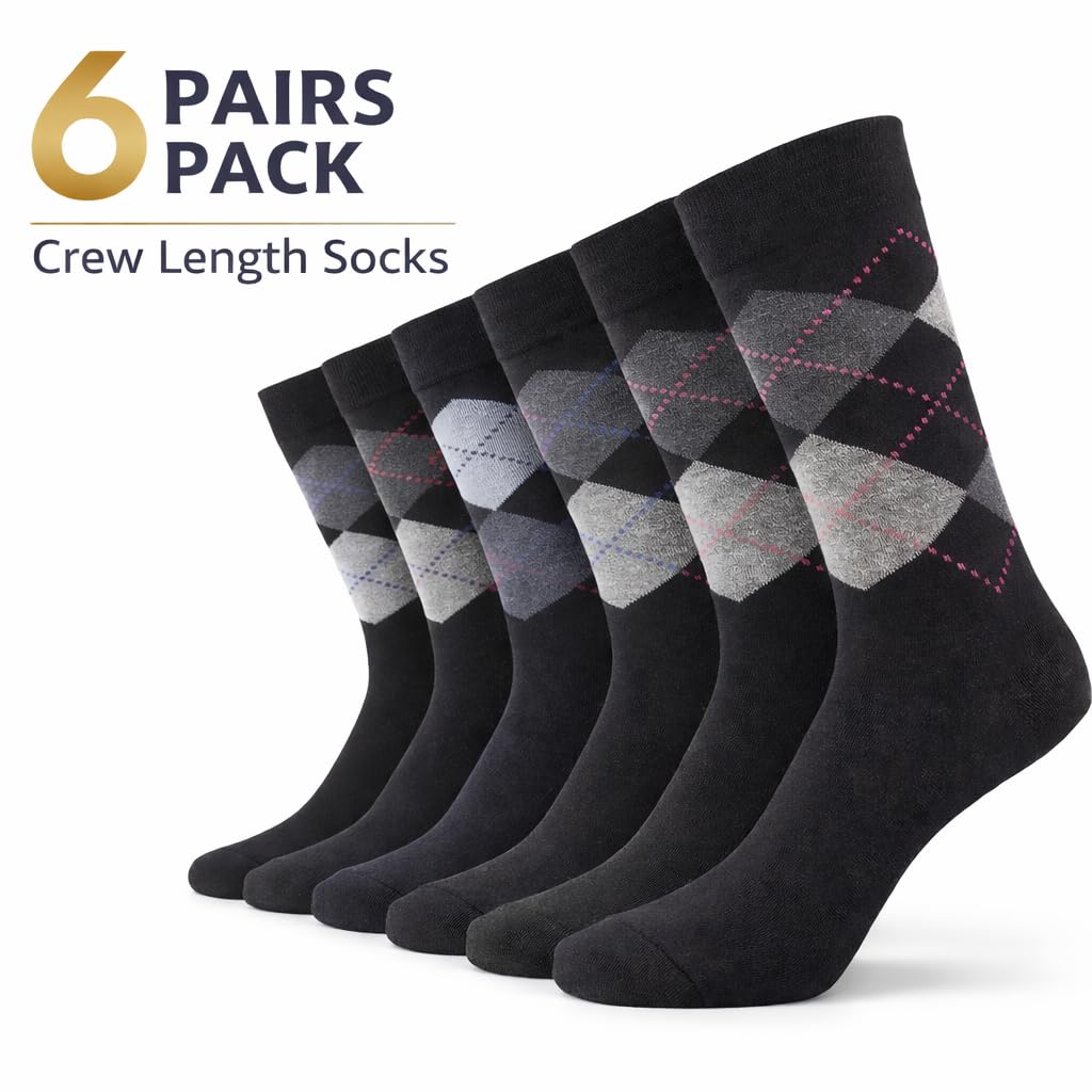 MAYAR STYLES Men’s Dress Socks Argyle Diamond Pattern | Crew Socks Size 6–11 (EU 39–45) | Cotton Blend Business & Formal Suit Socks | Stylish Patterned Socks | 6-Pack