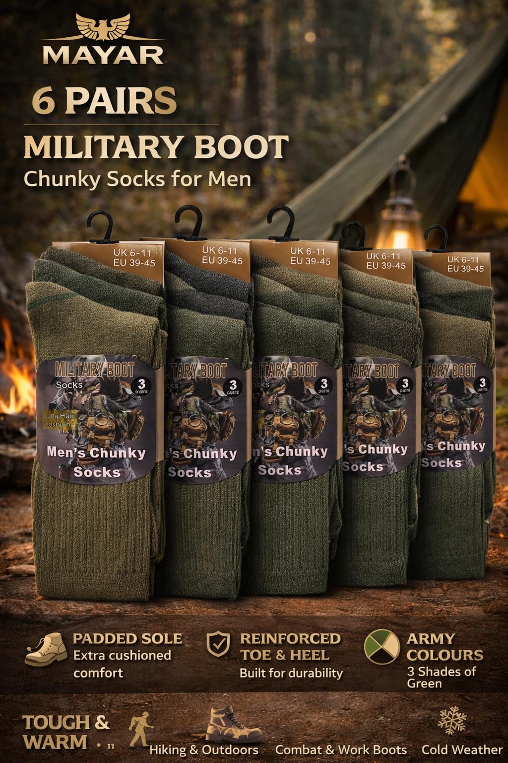 MAYAR STYLES® Men’s Military Boot Socks 6 Pairs | Army Combat Hiking Thermal Socks | Thick Cotton Rich Padded Warm Socks for Work & Outdoor | Size UK 6–11