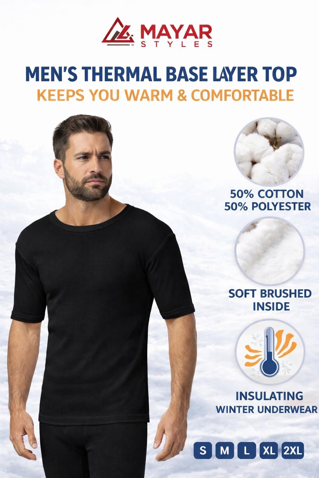 MAYAR STYLES® Men’s Thermal Short Sleeve Underwear Top – Warm Breathable Base Layer – Soft Cotton Blend Winter Thermal T-Shirt – Heat Retaining – S to XXL