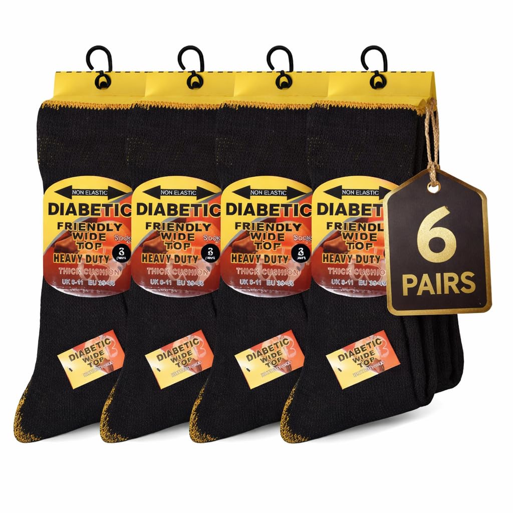 MAYAR STYLES® Men’s Diabetic Work Socks (6 Pairs) – Non-Binding Top, Soft Cotton Blend, Cushioned Sole, Smooth Toe Seam, Reinforced Heel & Toe – Daily Comfort Work Socks for Sensitive Feet