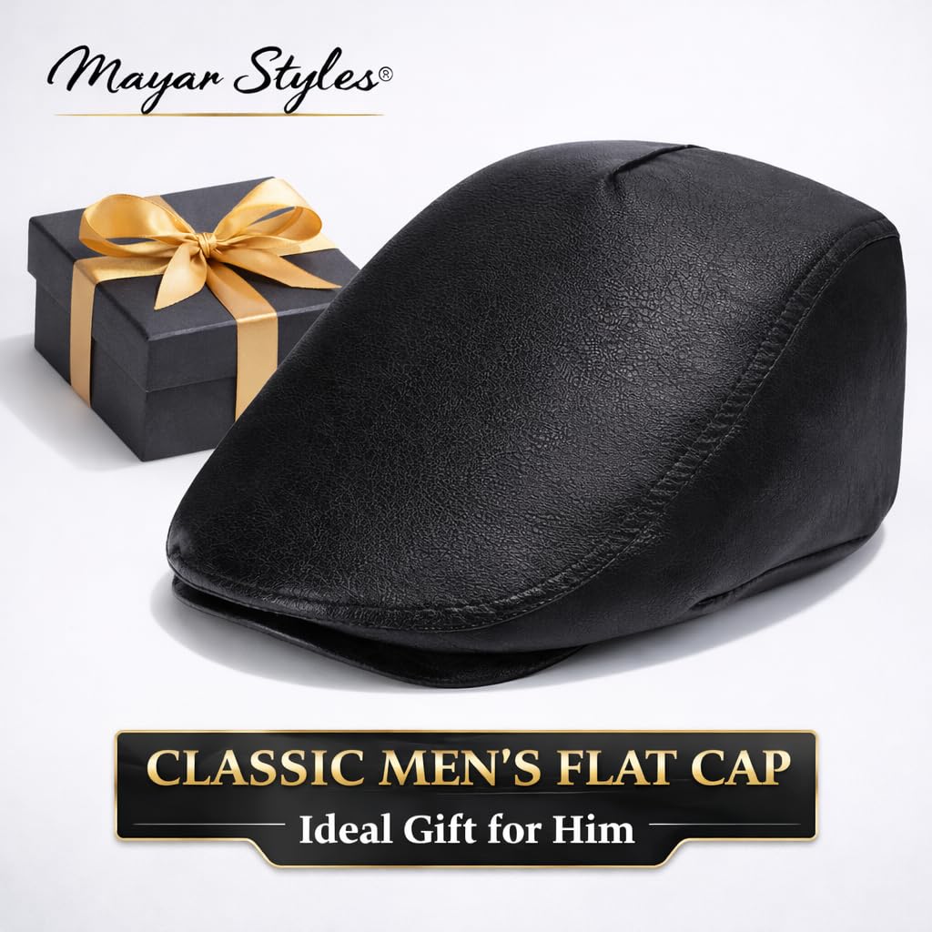 MAYAR STYLES® Men’s Black Leather Look Flat Cap – Classic Ivy Cap, One Size Fits All (57–61cm), Lightweight & Comfortable, Smart Casual Everyday Wear
