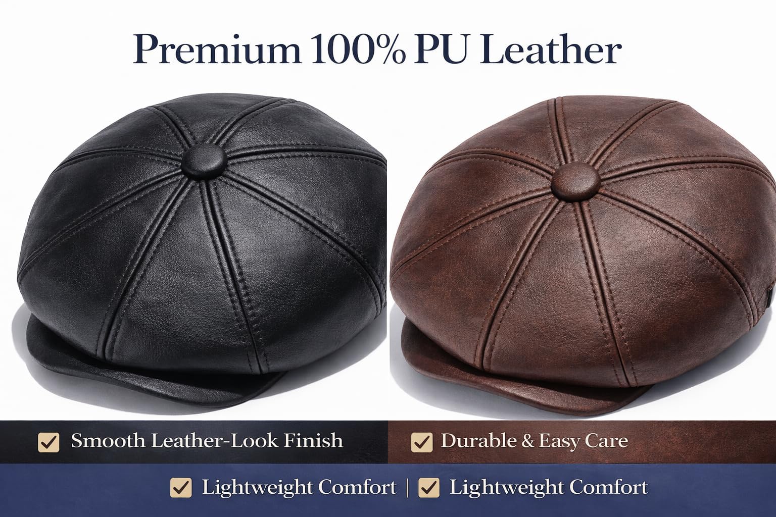 MAYAR STYLES® Men’s PU Leather Flat Cap 8 Panel Newsboy Baker Boy Hat | Classic Gatsby Peaked Cap | Winter Flatcap for Men Youth Boys | Black & Brown | Small–2XL