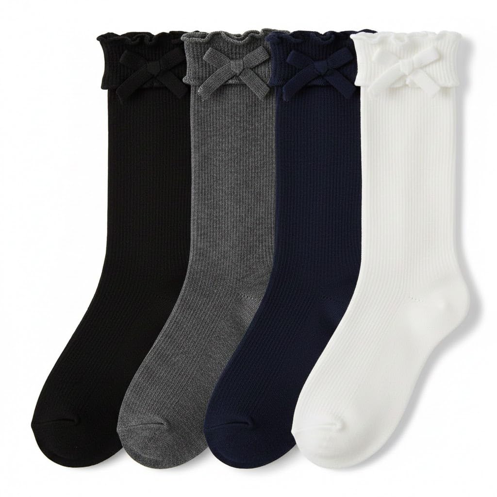 MAYAR STYLES® Girls Knee High School Socks with Bow – Cotton-Rich Frilly Knee Length Socks for School Uniform – Ages 2–18
