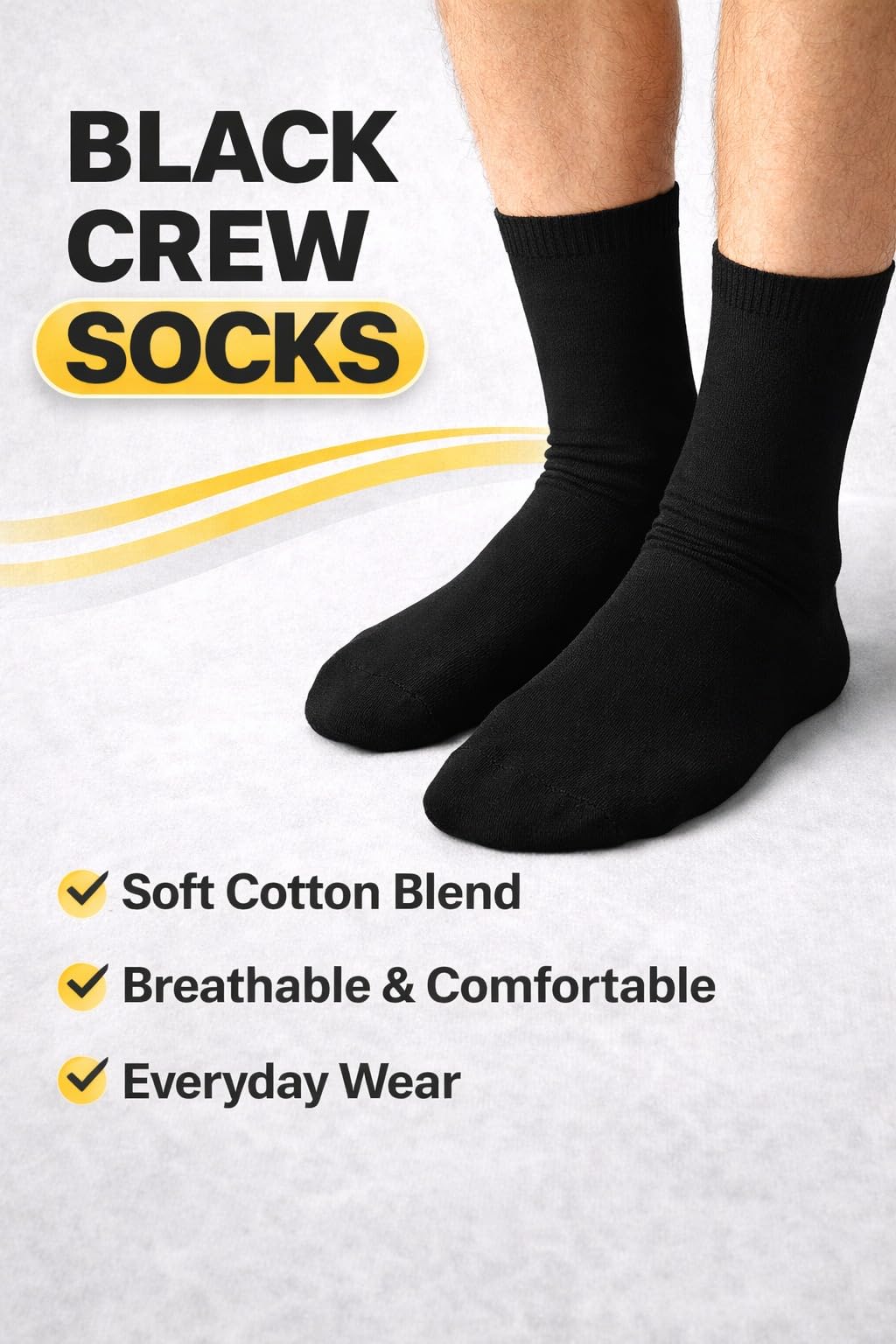 MAYAR STYLES® Black Crew Socks for Men – 5 Pairs Pack, 100% Cotton, Breathable Everyday Socks, UK Size 6–8