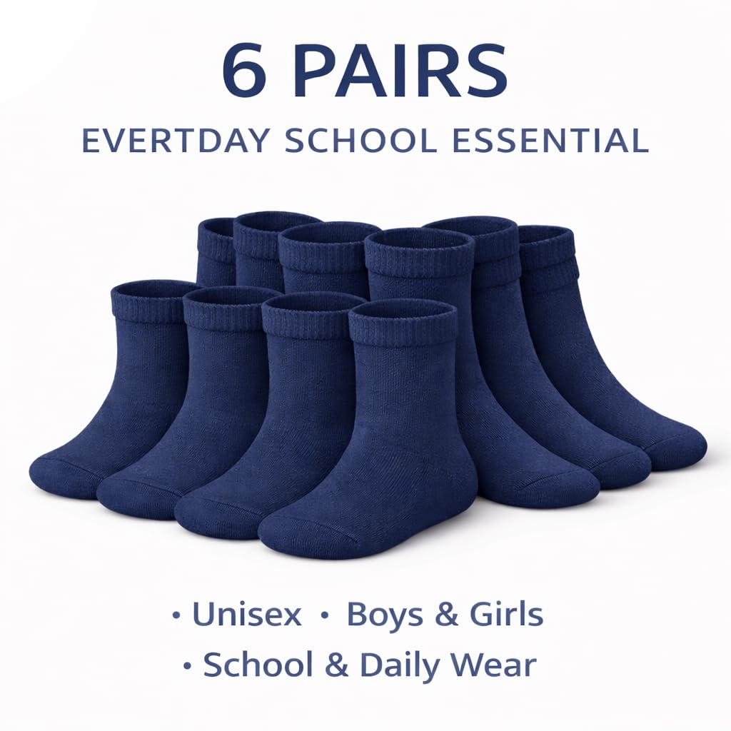 MAYAR STYLES® Unisex Girls Boys School Calf Socks Crew Mid-Calf Cotton Rich Everyday Socks, 6 Pairs