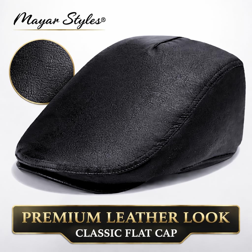 MAYAR STYLES® Men’s Black Leather Look Flat Cap – Classic Ivy Cap, One Size Fits All (57–61cm), Lightweight & Comfortable, Smart Casual Everyday Wear