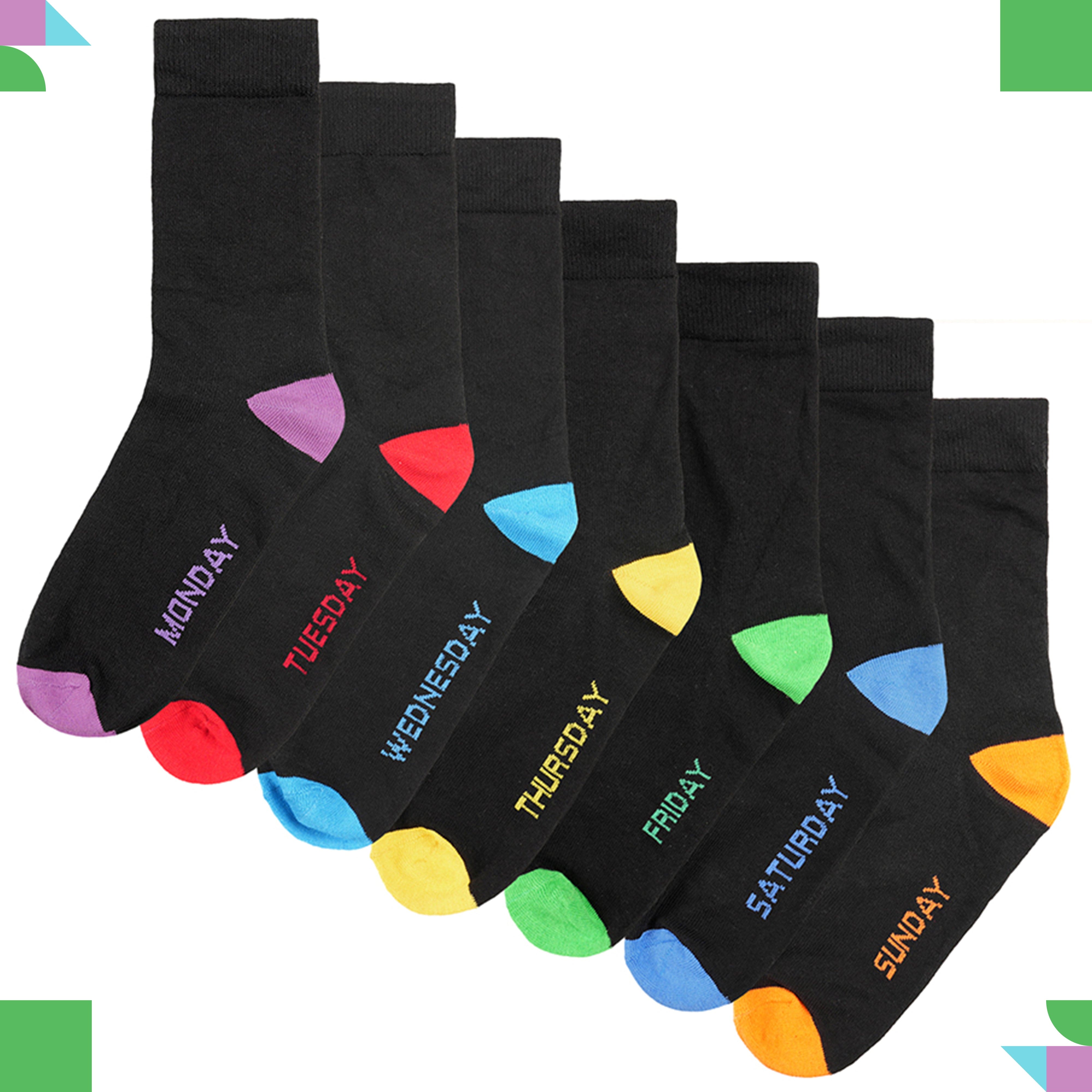 Sock Stack Days Of The Week Socks 7 Pack Cotton Rich Black With Multi Color Heel And Toe Unisex For Kids And Adults Everyday Wear
