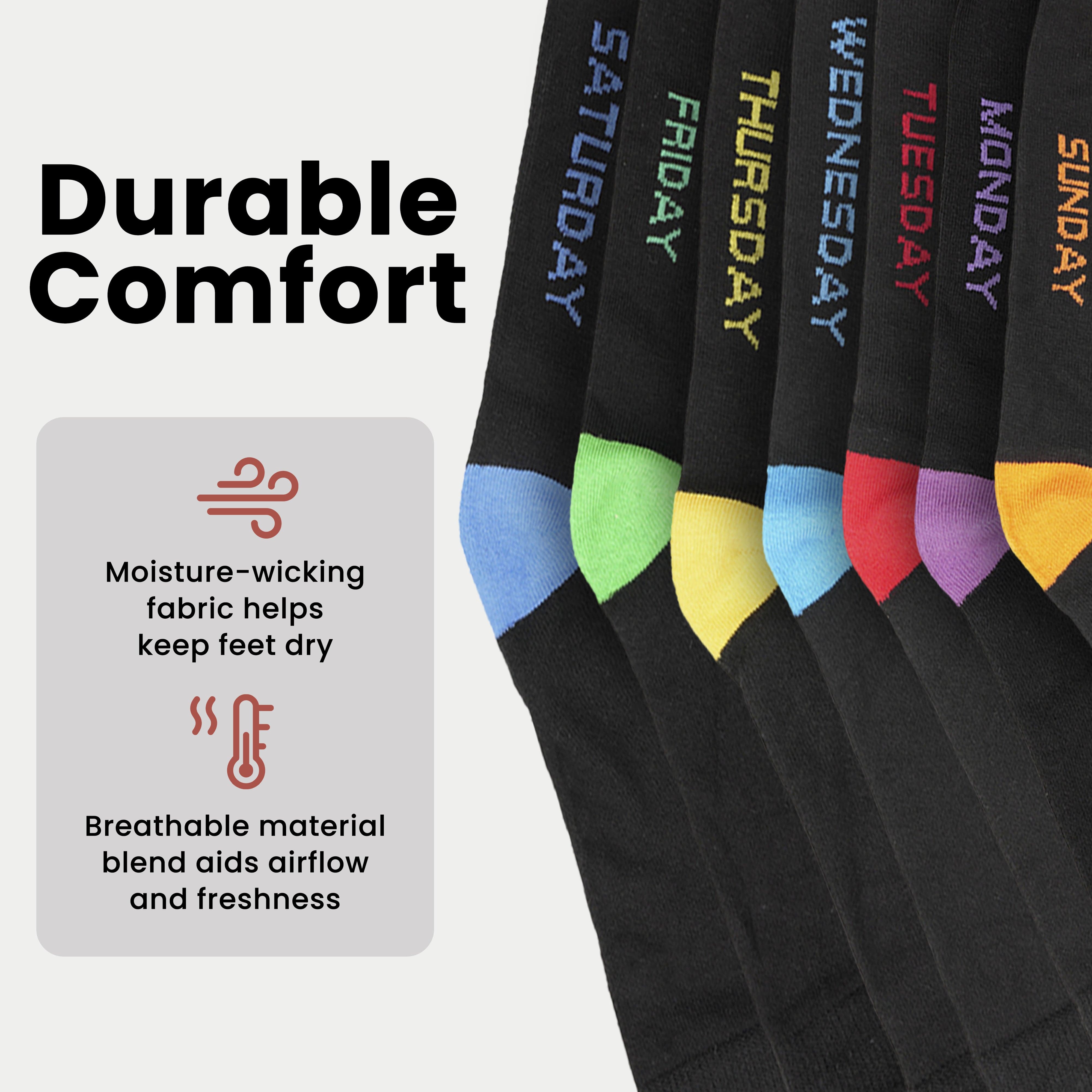 Sock Stack Days Of The Week Socks 7 Pack Cotton Rich Black With Multi Color Heel And Toe Unisex For Kids And Adults Everyday Wear
