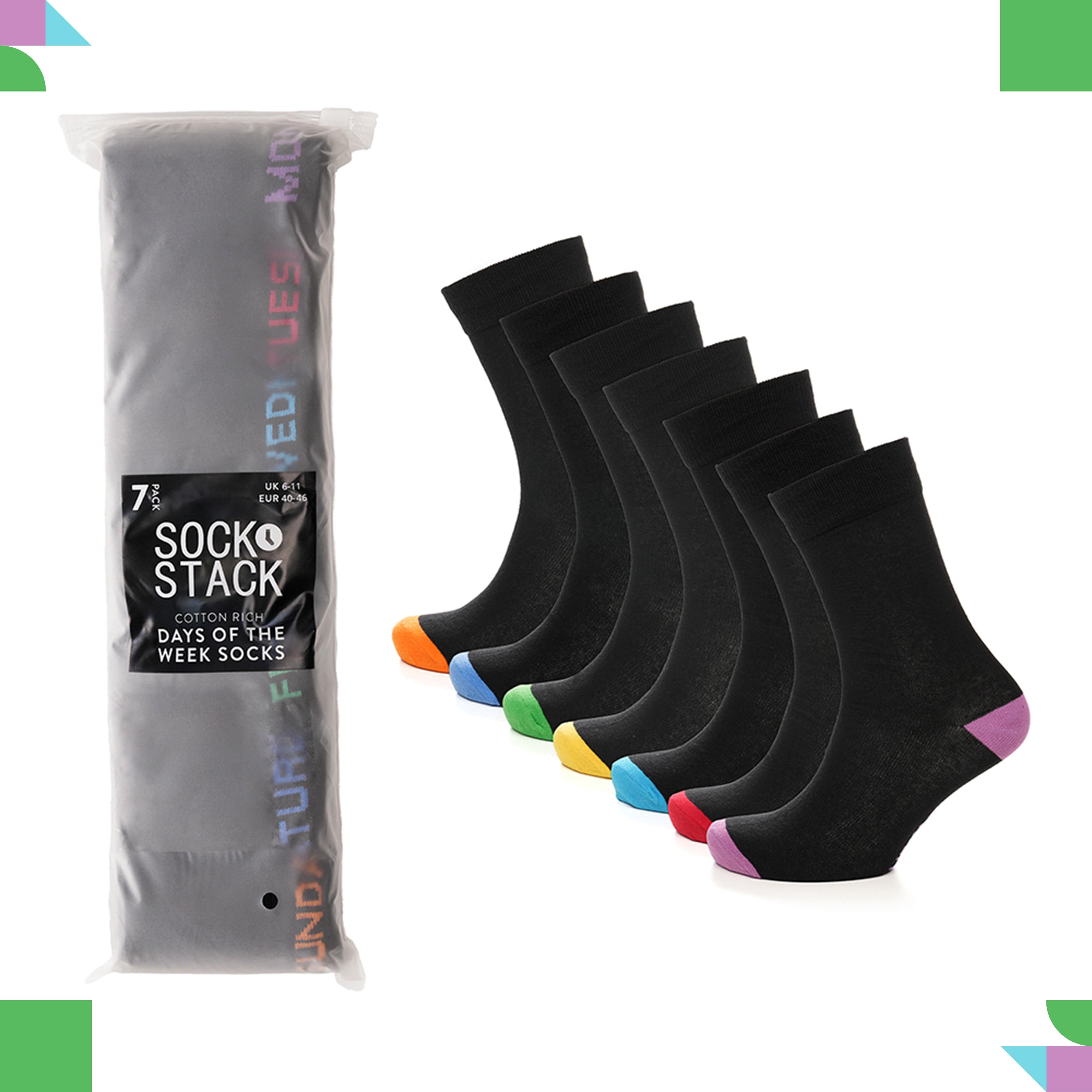 Sock Stack Days Of The Week Socks 7 Pack Cotton Rich Black With Multi Color Heel And Toe Unisex For Kids And Adults Everyday Wear