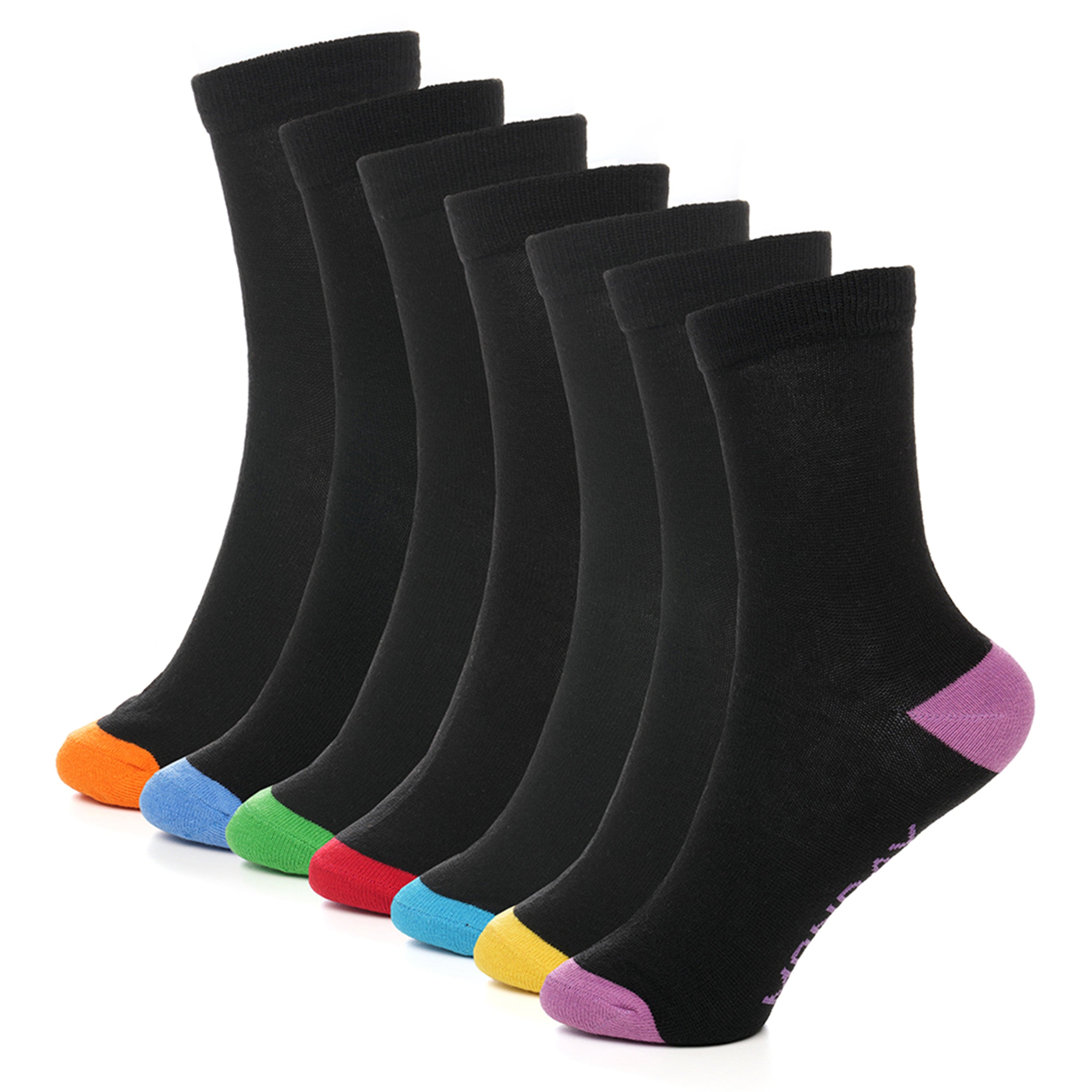 Sock Stack Days Of The Week Socks 7 Pack Cotton Rich Black With Multi Color Heel And Toe Unisex For Kids And Adults Everyday Wear