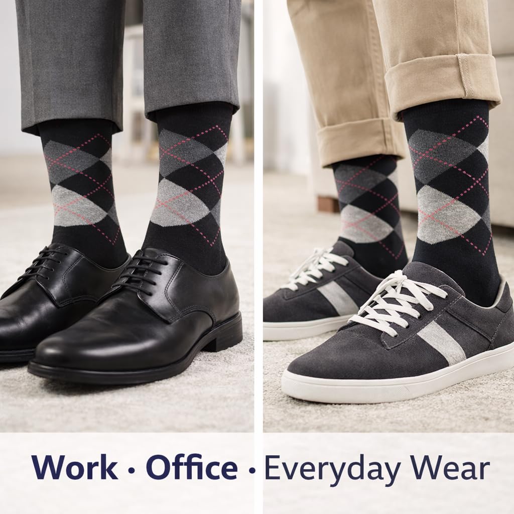 MAYAR STYLES Men’s Dress Socks Argyle Diamond Pattern | Crew Socks Size 6–11 (EU 39–45) | Cotton Blend Business & Formal Suit Socks | Stylish Patterned Socks | 6-Pack