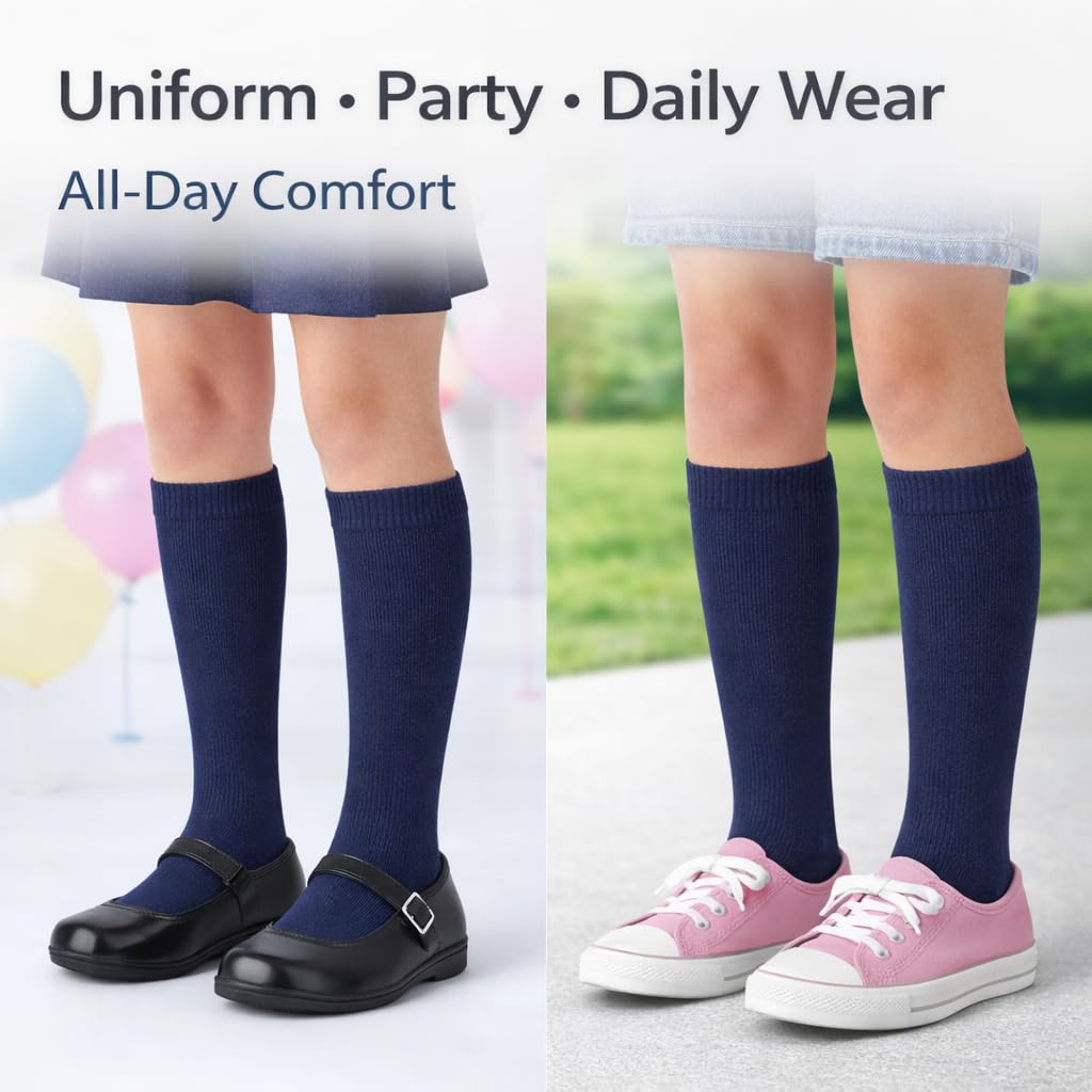 MAYAR STYLES® 6 Pairs Girls Kids Knee High School Socks Cotton Rich | Back to School Plain Long Socks | Uniform, Party & Daily Wear