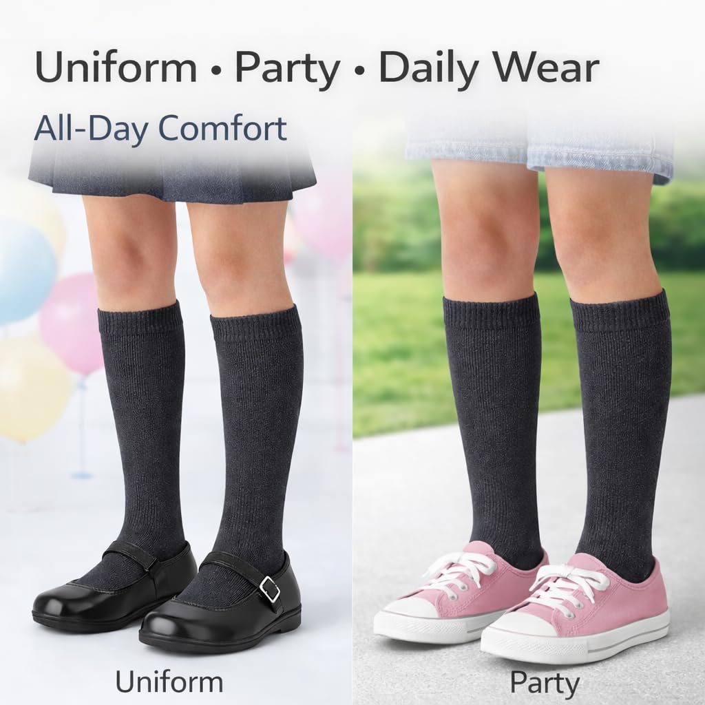 MAYAR STYLES® 6 Pairs Girls Kids Knee High School Socks Cotton Rich | Back to School Plain Long Socks | Uniform, Party & Daily Wear