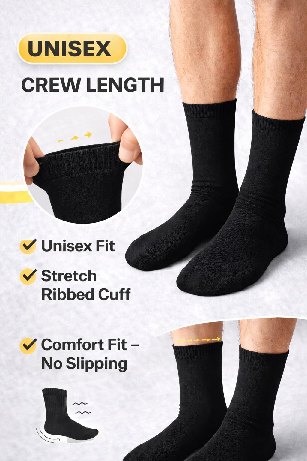 MAYAR STYLES® Black Crew Socks for Men – 5 Pairs Pack, 100% Cotton, Breathable Everyday Socks, UK Size 6–8