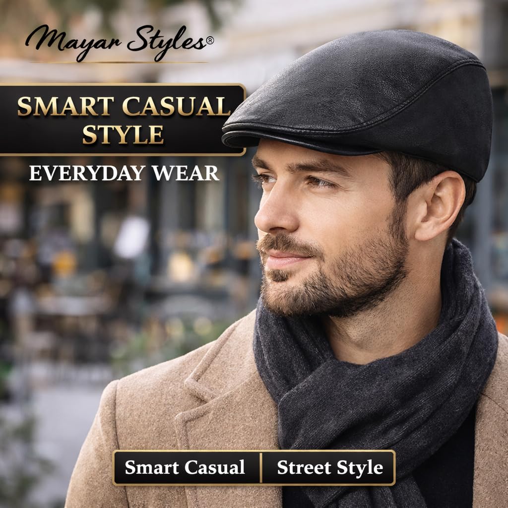 MAYAR STYLES® Men’s Black Leather Look Flat Cap – Classic Ivy Cap, One Size Fits All (57–61cm), Lightweight & Comfortable, Smart Casual Everyday Wear