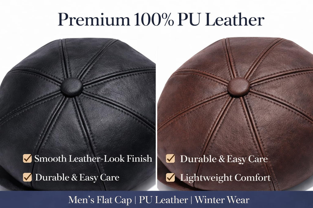 MAYAR STYLES® Men’s PU Leather Flat Cap 8 Panel Newsboy Baker Boy Hat | Classic Gatsby Peaked Cap | Winter Flatcap for Men Youth Boys | Black & Brown | Small–2XL