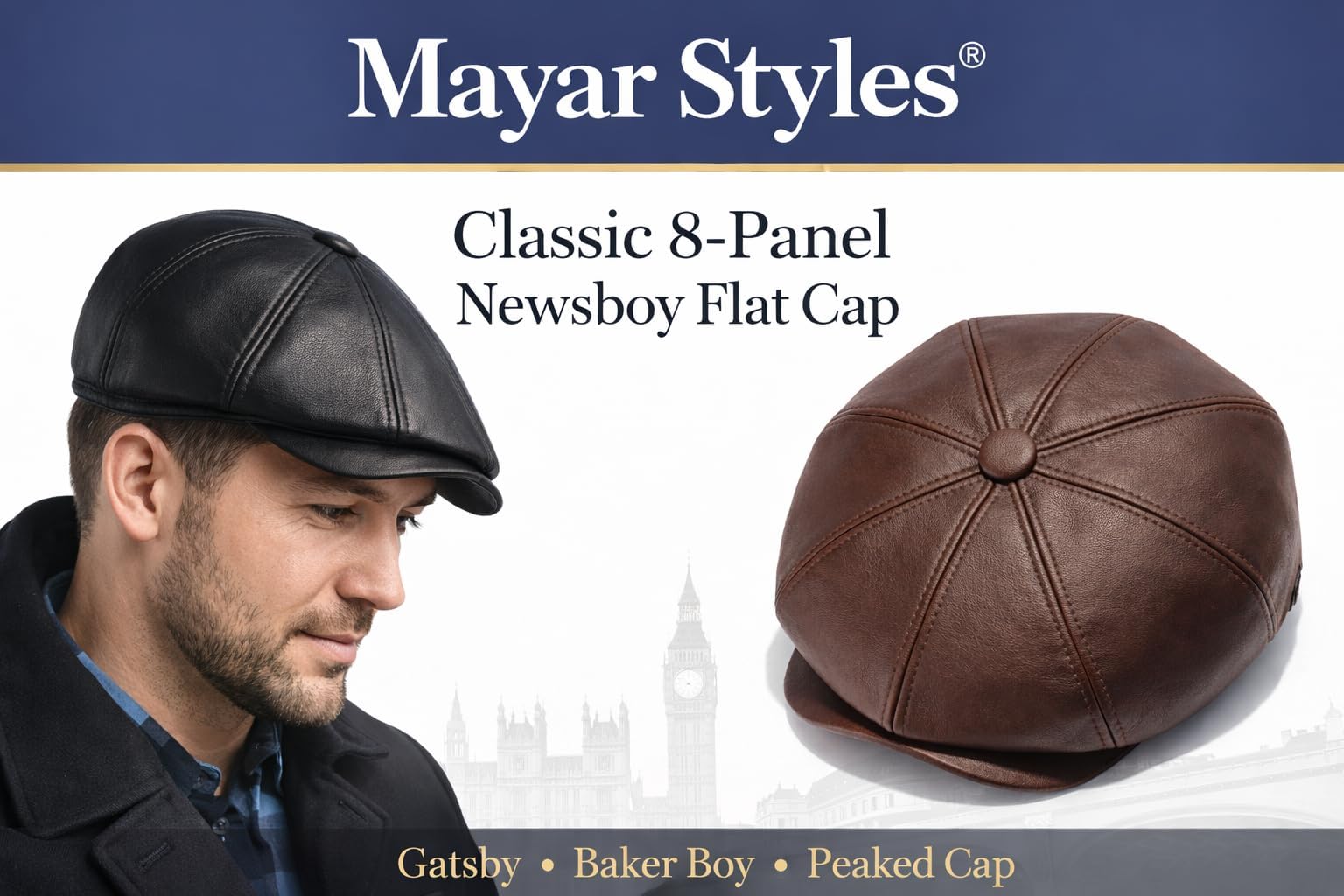 MAYAR STYLES® Men’s PU Leather Flat Cap 8 Panel Newsboy Baker Boy Hat | Classic Gatsby Peaked Cap | Winter Flatcap for Men Youth Boys | Black & Brown | Small–2XL