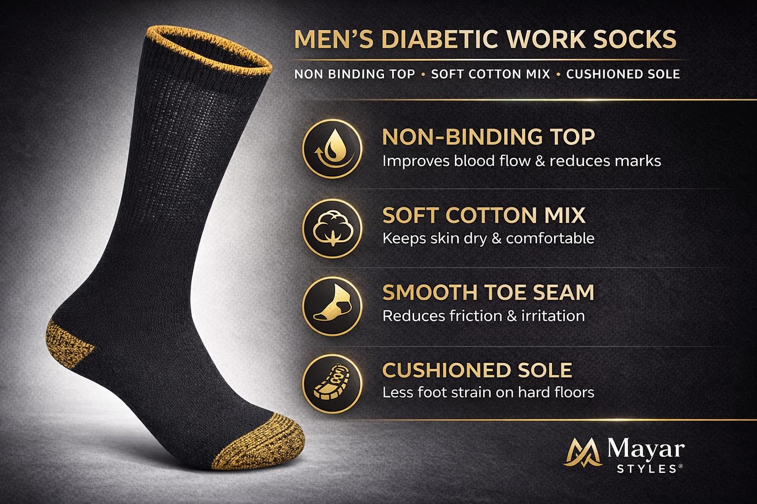 MAYAR STYLES® Men’s Diabetic Work Socks (6 Pairs) – Non-Binding Top, Soft Cotton Blend, Cushioned Sole, Smooth Toe Seam, Reinforced Heel & Toe – Daily Comfort Work Socks for Sensitive Feet