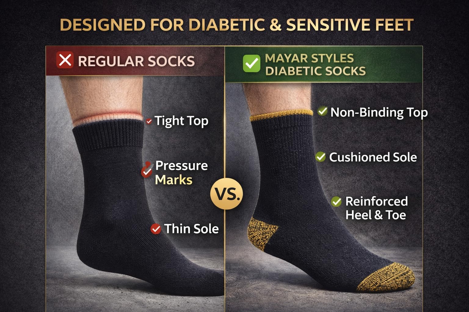 MAYAR STYLES® Men’s Diabetic Work Socks (6 Pairs) – Non-Binding Top, Soft Cotton Blend, Cushioned Sole, Smooth Toe Seam, Reinforced Heel & Toe – Daily Comfort Work Socks for Sensitive Feet