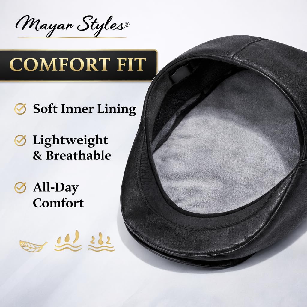 MAYAR STYLES® Men’s Black Leather Look Flat Cap – Classic Ivy Cap, One Size Fits All (57–61cm), Lightweight & Comfortable, Smart Casual Everyday Wear