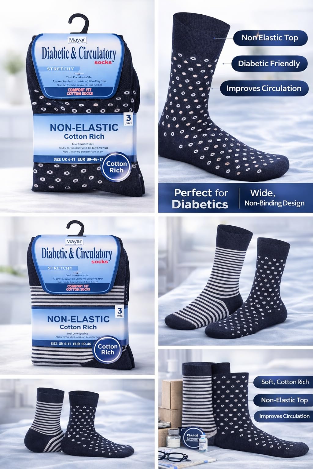 MAYAR STYLES Mens Diabetic Stripy Suit Socks, Non-Elastic Cotton Rich, UK 7-11, Stretchy Circulatory Socks