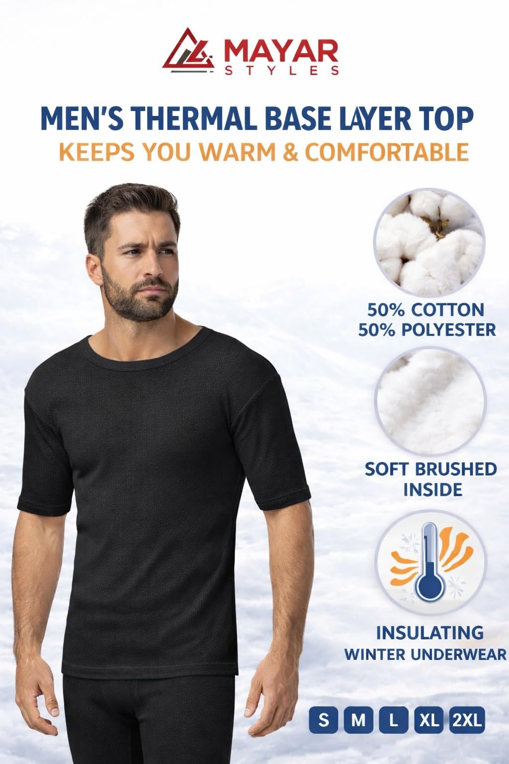 MAYAR STYLES® Men’s Thermal Short Sleeve Underwear Top – Warm Breathable Base Layer – Soft Cotton Blend Winter Thermal T-Shirt – Heat Retaining – S to XXL